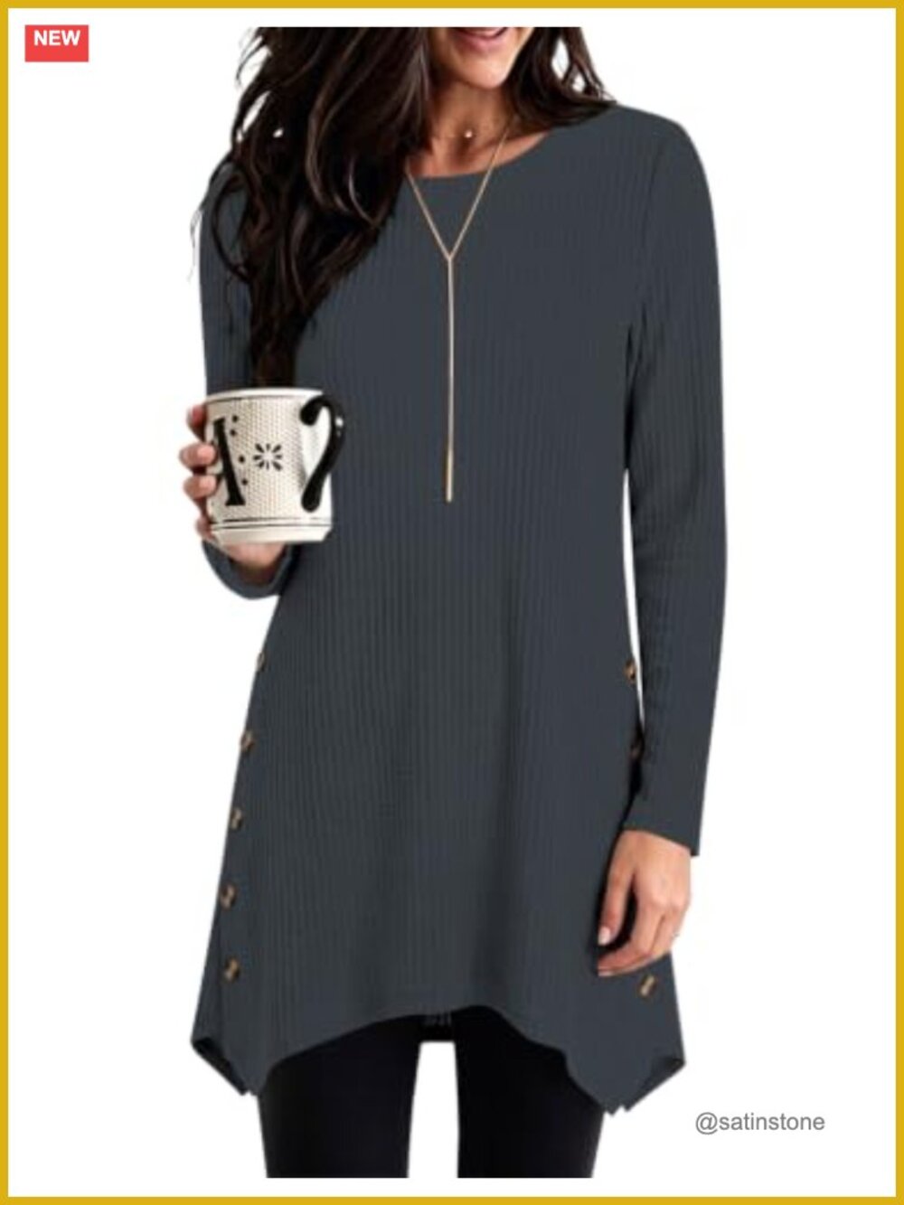 Womens Waffle Knit Tunic Top Hi Lo Hem Side Buttons Long Sleeve